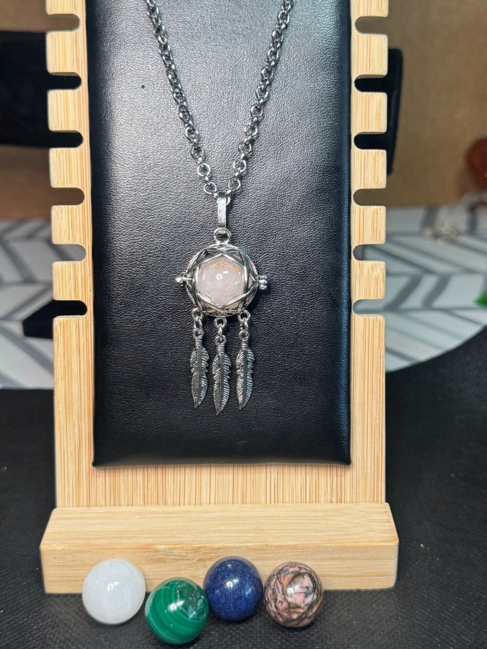 Sterling Silver Dreamcatcher Pendant Necklace Cage with 2 Crystal Mini Spheres